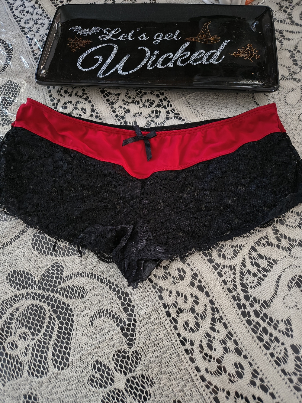 Retro Black Lace Red Bow Hipster Panty Underwear Lingerie Intimates Coquette